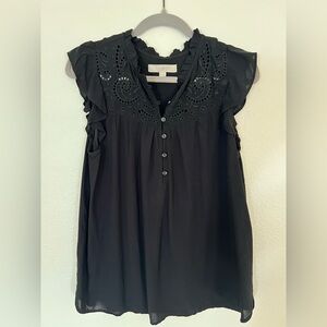 LOFT Black Ruffled Embroidered Blouse